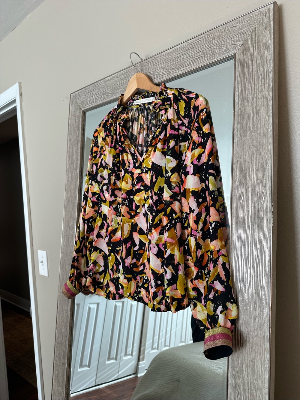 Marie Oliver Black Silk Patterned Long Sleeve Blouse 100% Silk Size XS
